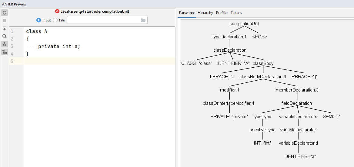 Test the grammar rule in the ANTLR PyCharm plugin