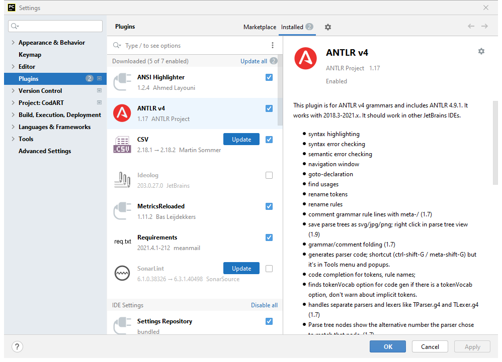 Installing ANTLR plugin in PyCharm IDE 