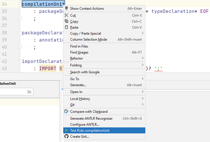 Test the grammar rule in the ANTLR PyCharm plugin 